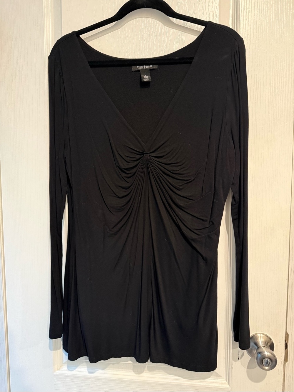 White House Black Market Black Long-Sleeve Ruched V-Neck Top